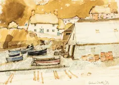 Lobster pots & cottages by Graham Clarke, watercolour, sold Aug 2026