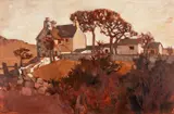 Entitled verso 'Farm by Audrey Hind, oil on board, sold Jul 2026