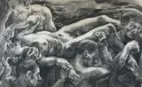 Crayon - figures carrying injured by Jack Crabtree, pastel, offered Jul 2026