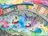 A Colourful Street / Stryd Liwgar by Rhiannon Roberts, watercolour, sold Jul 2026