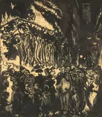 The Market by Frank Brangwyn, woodcut, offered Jul 2026