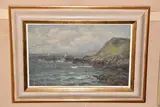 Coastal landscape with boats at sea by Owen Bowen, oil on board, sold Oct 2024