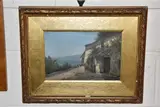 Cliff side cottage with sea beyond and boat on the water by F. Cullan, 1882, oil on canvas, sold Oct 2024