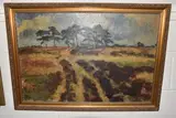 Rural landscape with line of pine trees to distance by Philip Moysey, oil on board, sold Oct 2024