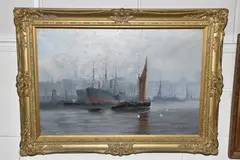 City harbour scene by Edward Henry Eugene Fletcher, oil on canvas, sold Oct 2024
