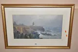 Coastal landscape with lighthouse and ships on choppy seas by E. Duncan, watercolour, sold Oct 2024