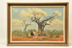 A rhinoceros and baobab trees by Anthony Gibbs, oil on canvas, sold Oct 2024