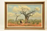 A rhinoceros and baobab trees by Anthony Gibbs, oil on canvas, sold Oct 2024