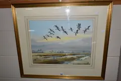 Pink feet arriving to feed in cromer marsh by Robert W. Milliken, watercolour on paper, sold Oct 2024