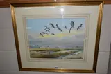 Pink feet arriving to feed in cromer marsh by Robert W. Milliken, watercolour on paper, sold Oct 2024