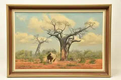A rhinoceros and baobab trees by Anthony Gibbs, oil on canvas, sold Oct 2024