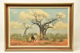 A rhinoceros and baobab trees by Anthony Gibbs, oil on canvas, sold Oct 2024