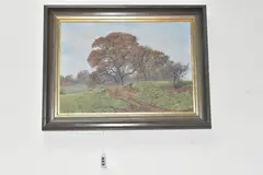 A british landscape with oak trees and sheep by Anthony Gibbs, oil on canvas, sold Oct 2024