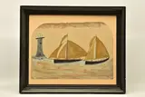 A painting in the style of Alfred Wallis depicting by Max Wildman, mixed media on card, sold Jul 2024