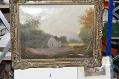 A landscape with farm buildings by Ernest Waterlow, oil on canvas, sold Jul 2024