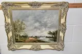 A river landscape with figures and horses by Gudrun Sibbons, oil on canvas, offered Jul 2024