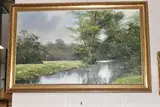 A river landscape with trees by Terry Evans, oil on canvas, sold Jul 2024