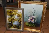 A still life study of flowers and lichen by Clem Spencer, oil on canvas, sold Jul 2024
