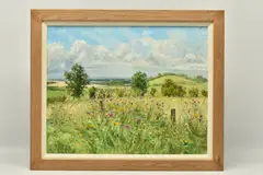 Wild flowers in an english landscape by Brian Bennett, oil on canvas, sold Jun 2024