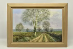 A landscape with trees and distant church by Clive Madgwick, oil on canvas, sold Jun 2024