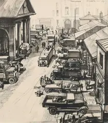 Covent Garden Signed and dated - ROWLAND HILDER - 37 by Rowland Hilder, Charcoal heightened with white, sold Jun 2024