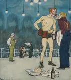 Boxers between rounds Signed and dated Pierre Brissaud 09 by Pierre Brissaud, Pen and ink and watercolour, heightened with white, sold Jun 2024