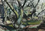 Trees by the Duckpond Traces of a signature by Ernest Worrall, ink and watercolour, sold Jun 2024
