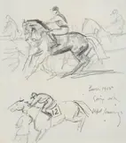 Studies of race horses going out Signed by Alfred Munnings, drawing, sold Jun 2024