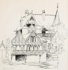 A villa on the banks of the Thames Signed Barbara Jones by Barbara Jones, Pen and black ink, sold Jun 2024