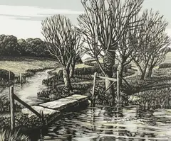 The River Ebble at Fifield Bavant Signed by Howard Phipps, Linocut, sold Jun 2024