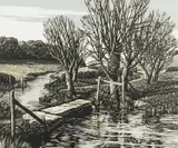 The River Ebble at Fifield Bavant Signed by Howard Phipps, Linocut, sold Jun 2024