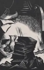 Books by a bed Signed John Nash by John Nash, Wood engraving, from Céleste and other Sketches by Stephen Hudson, sold Jun 2024