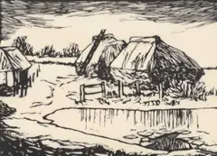 Haystacks by a pond Signed Stephen Bone by Stephen Bone, Wood engraving, sold Jun 2024