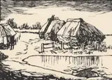 Haystacks by a pond Signed Stephen Bone by Stephen Bone, Wood engraving, sold Jun 2024