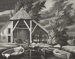 Barn at Giethoorn Signed and inscribed Barn at Giethoorn Artists by George Mackley, Wood engraving, sold Jun 2024