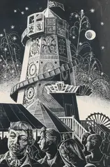 Fairground at Night Signed and inscribed Fairground at Night by Donald Plenderleith, Wood engraving, sold Jun 2024