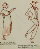 Lady Pointing at a Young Lady in a suit sepia ink on paper by Dorte Clara Dodo Burgner, ink on paper, offered Mar 2024
