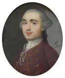 Portrait miniature of a gentleman wearing a maroon coat and by Nathaniel Hone, oil, sold Mar 2024
