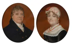 Portrait miniature of Mr Walter wearing a blue coat and striped by Charles Hayter, oil, sold Mar 2024