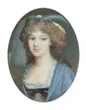 Portrait miniature of a young lady wearing a blue dress and a by François Dumont, oil, sold Mar 2024