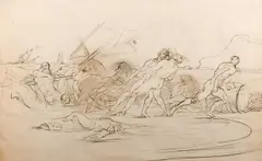 Figures striving to pull ashore a boat after a shipwreck by Benjamin West, Pen and black and brown ink with black chalk, sold Mar 2024