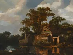River landscape with a fisherman by a cottage Signed by Cornelis Gerritsz Decker, Oil on panel, sold Mar 2024