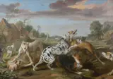 Dogs fighting in a clearing by Paul de Vos, Oil on canvas, sold Mar 2024