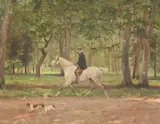Elegant gentleman riding through a wood by Marie Joseph Ernest Le Nail, Oil on panel, sold Mar 2024