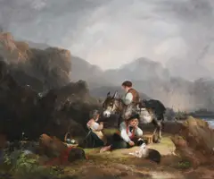 Coastal landscape with children and a donkey resting and fishing beyond by William Shayer, Oil on canvas, offered Mar 2024