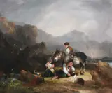 Coastal landscape with children and a donkey resting and fishing beyond by William Shayer, Oil on canvas, offered Mar 2024