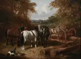 Wooded landscape with loggers and horses by John Frederick Herring Jnr, Oil on canvas, sold Mar 2024