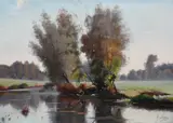 River landscape with a figure in a punt Signed h by H. Lesur, Oil on canvas, sold Mar 2024