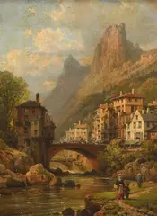 Figures before an Alpine town Signed and dated C by Charles Kuwasseg, Oil on canvas, sold Mar 2024