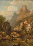 Figures before an Alpine town Signed and dated C by Charles Kuwasseg, Oil on canvas, sold Mar 2024